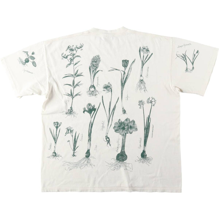 90'S Rel e vant products Botanical Pattern Print T-Shirt, Made in USA, Men's XL equivalent, Vintage cotton ivory Vintage Second Hand