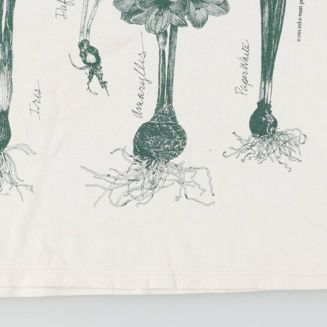 90'S Rel e vant products Botanical Pattern Print T-Shirt, Made in USA, Men's XL equivalent, Vintage cotton ivory Vintage Second Hand