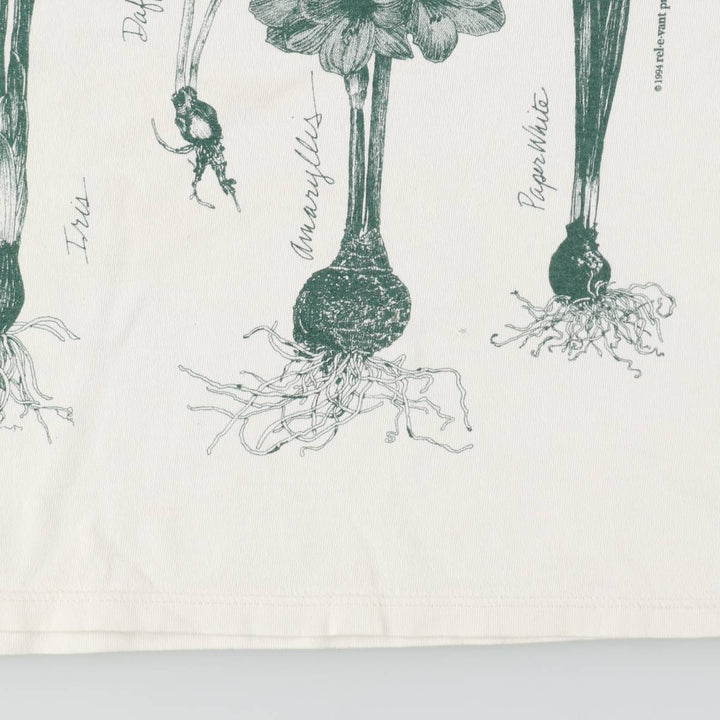 90'S Rel e vant products Botanical Pattern Print T-Shirt, Made in USA, Men's XL equivalent, Vintage cotton ivory Vintage Second Hand