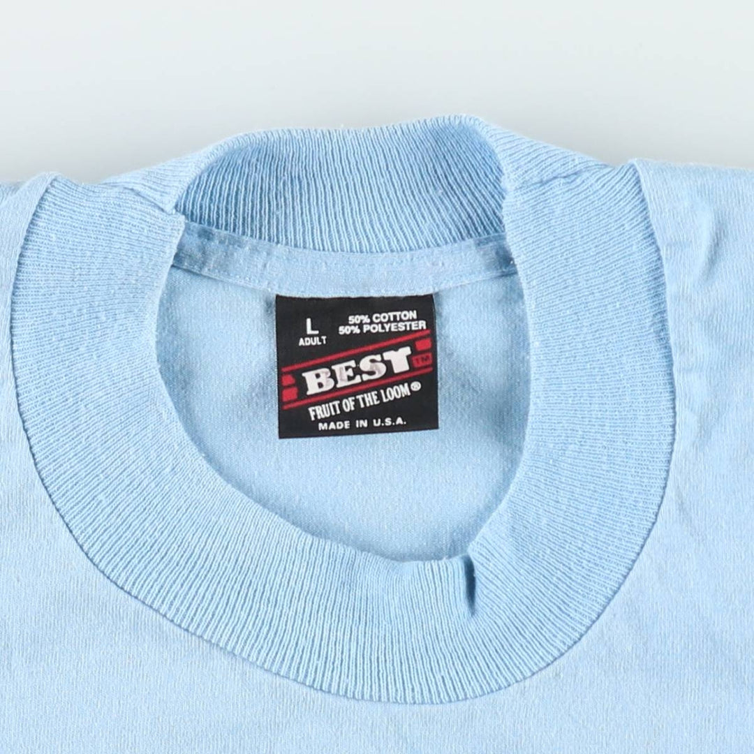 90'S Fruit of the Loom Best Printed T-shirt, Made in USA, Men's L size, Vintage cotton Blue type light blue Vintage Second Hand