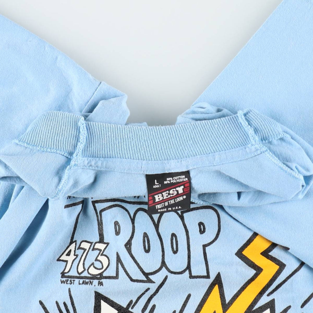 90'S Fruit of the Loom Best Printed T-shirt, Made in USA, Men's L size, Vintage cotton Blue type light blue Vintage Second Hand