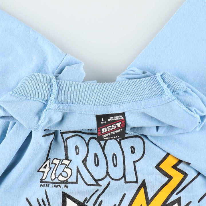 90'S Fruit of the Loom Best Printed T-shirt, Made in USA, Men's L size, Vintage cotton Blue type light blue Vintage Second Hand