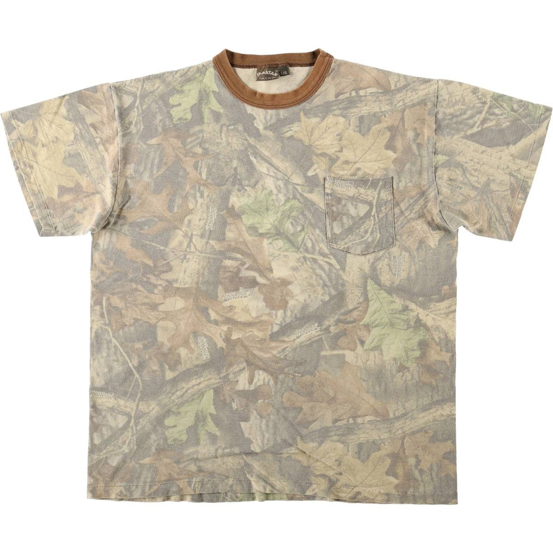 90'S SPARTAN Camouflage Pattern Real Tree Camo Print T-Shirt, Made in USA, Men's Size L (Equivalent), Vintage cotton Khaki type Vintage Second Hand