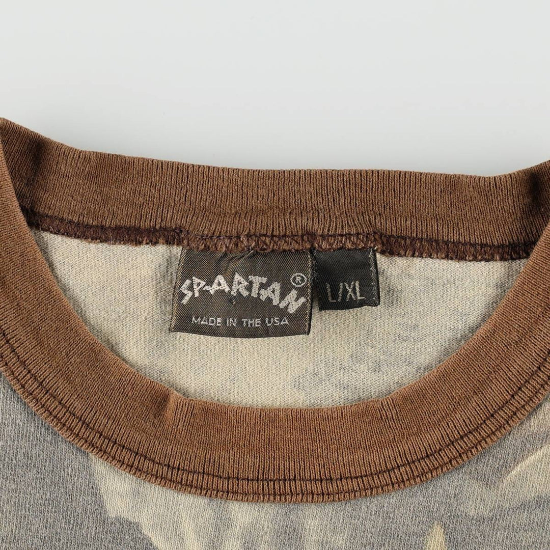 90'S SPARTAN Camouflage Pattern Real Tree Camo Print T-Shirt, Made in USA, Men's Size L (Equivalent), Vintage cotton Khaki type Vintage Second Hand