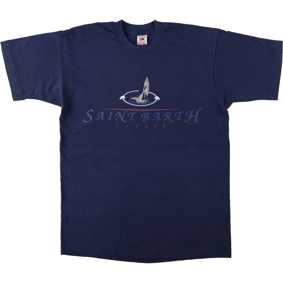 90'S Fruit of the Loom printed T-shirt, made in the USA, men's size L, vintage cotton navy blue type Vintage Second Hand