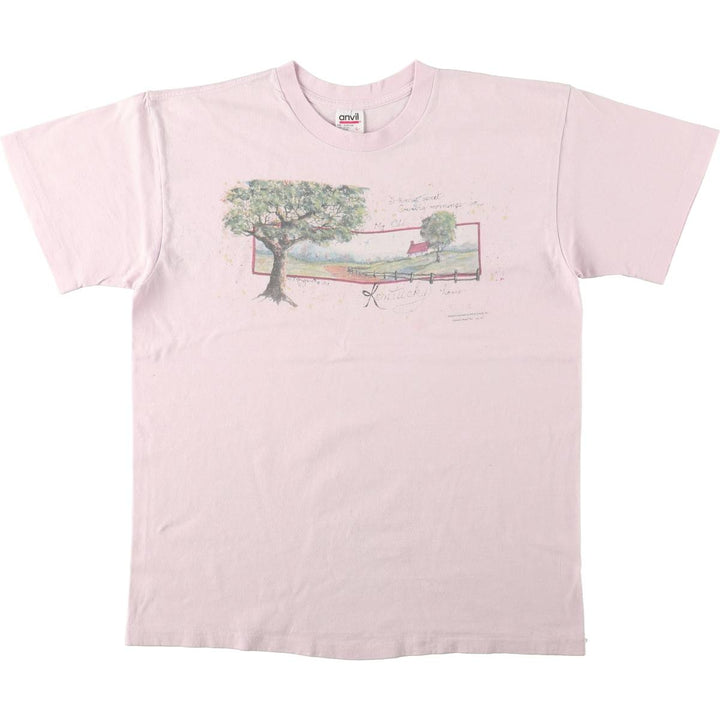 90'S Anvil Printed T-shirt, Made in USA, Men's L size, Vintage cotton pink type Vintage Second Hand