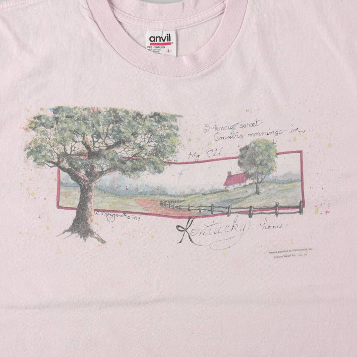 90'S Anvil Printed T-shirt, Made in USA, Men's L size, Vintage cotton pink type Vintage Second Hand