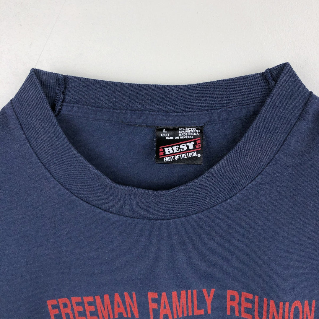 90'S Fruit of the Loom Best Printed T-shirt, Made in USA, Men's L size, Vintage cotton navy blue type Vintage Second Hand