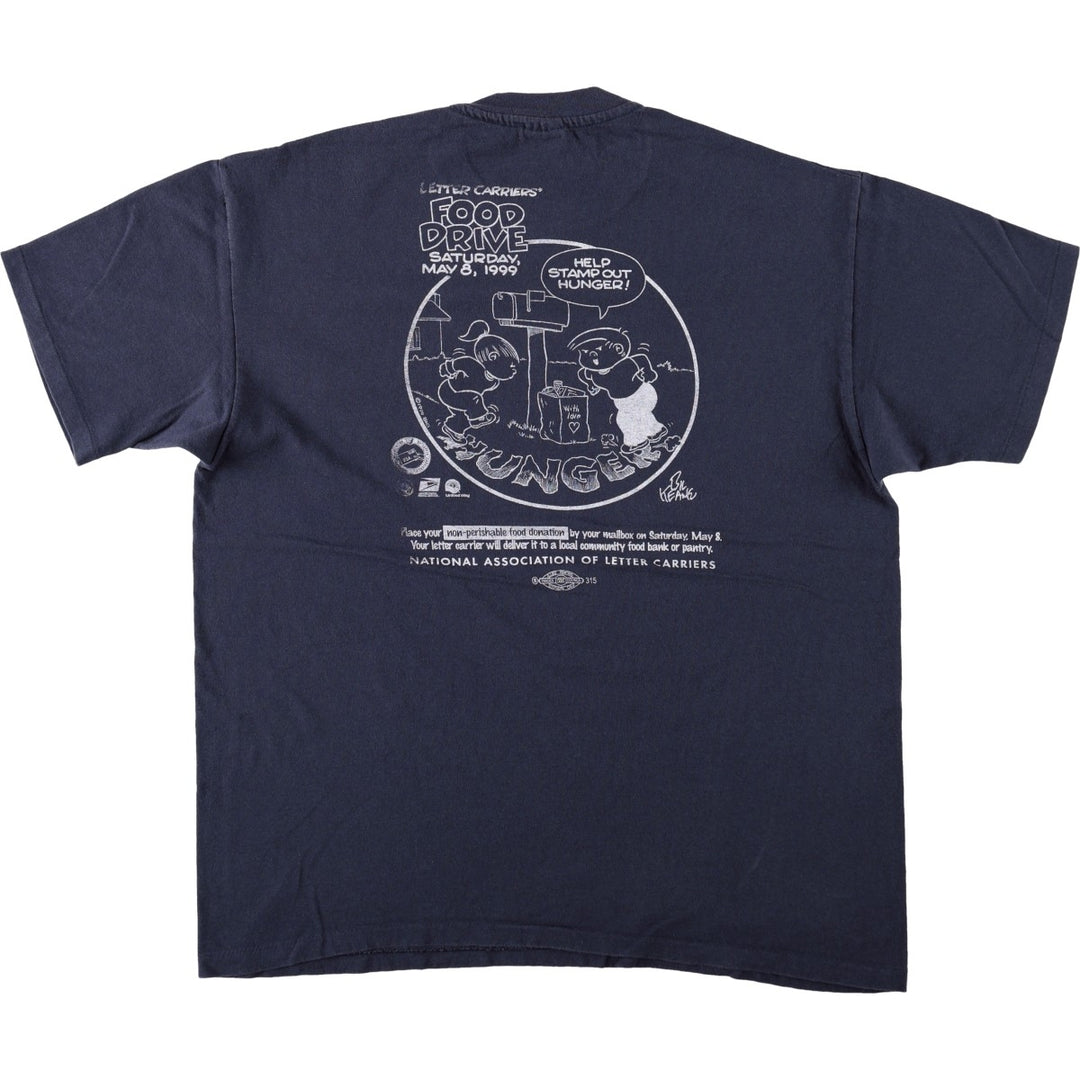90'S Anvil Stamp Out Hunger National Food Drive Print T-Shirt, Made in USA, Men's XL equivalent, Vintage cotton navy blue type Vintage Second Hand