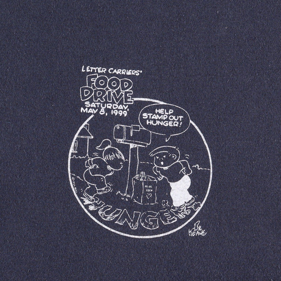 90'S Anvil Stamp Out Hunger National Food Drive Print T-Shirt, Made in USA, Men's XL equivalent, Vintage cotton navy blue type Vintage Second Hand