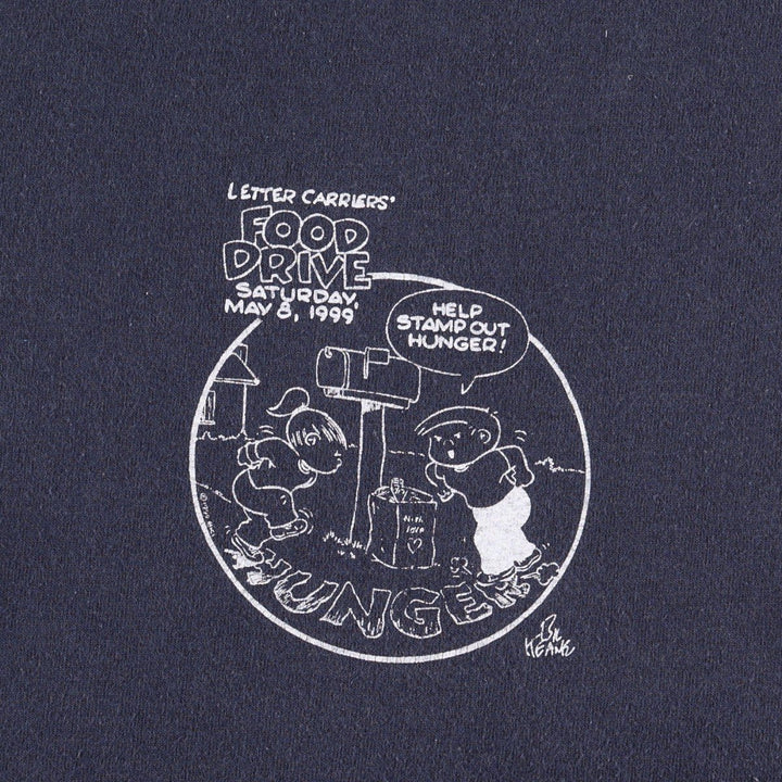 90'S Anvil Stamp Out Hunger National Food Drive Print T-Shirt, Made in USA, Men's XL equivalent, Vintage cotton navy blue type Vintage Second Hand