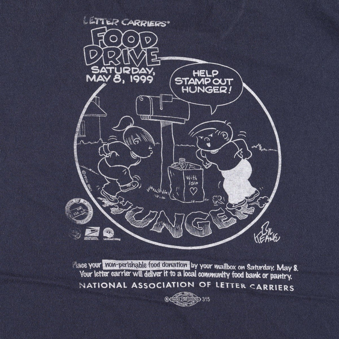 90'S Anvil Stamp Out Hunger National Food Drive Print T-Shirt, Made in USA, Men's XL equivalent, Vintage cotton navy blue type Vintage Second Hand