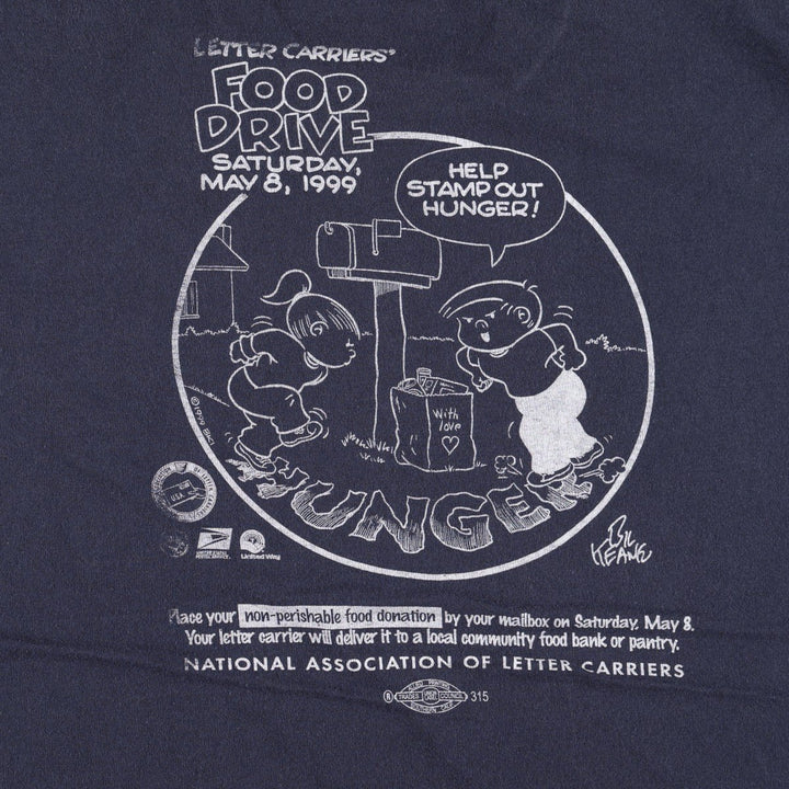 90'S Anvil Stamp Out Hunger National Food Drive Print T-Shirt, Made in USA, Men's XL equivalent, Vintage cotton navy blue type Vintage Second Hand