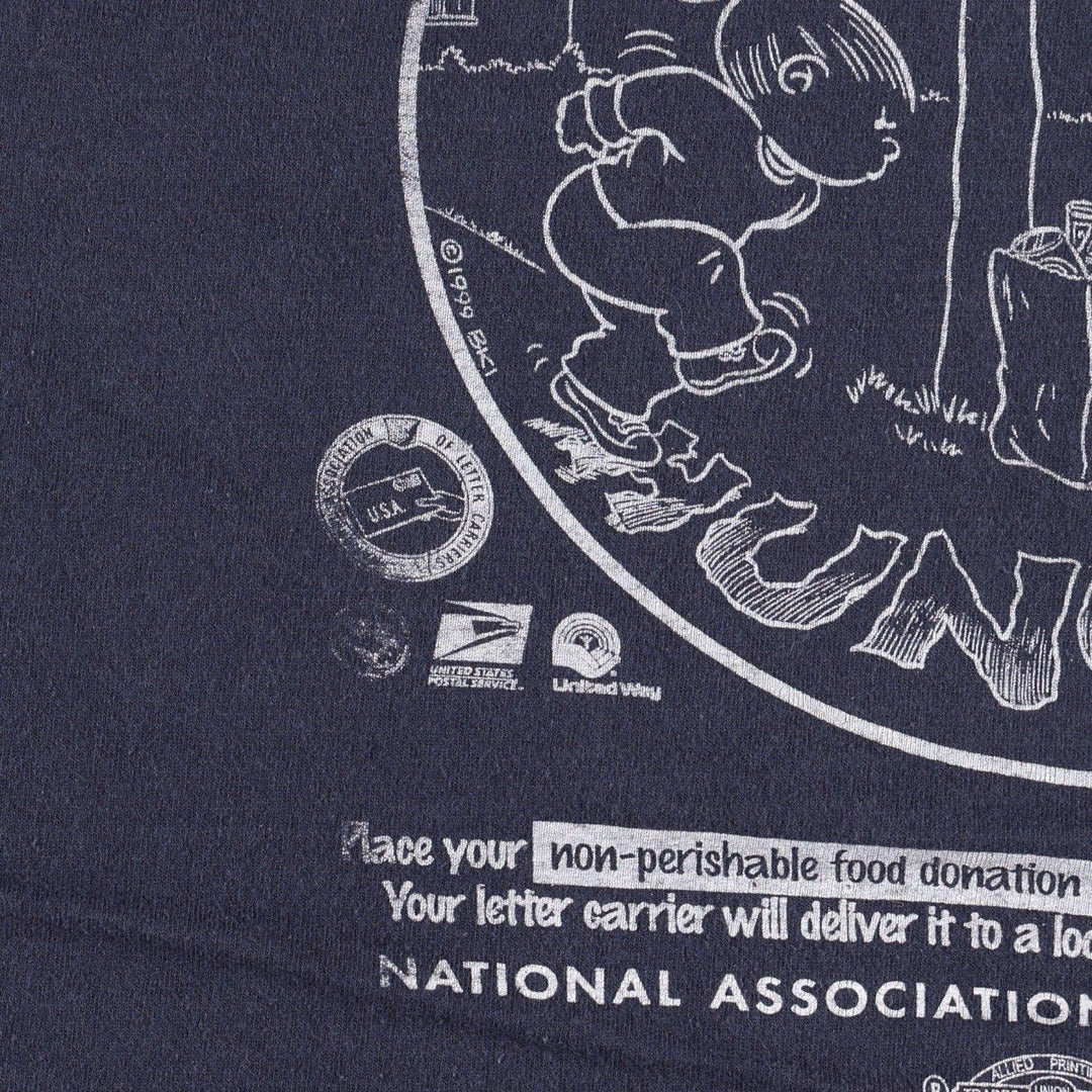 90'S Anvil Stamp Out Hunger National Food Drive Print T-Shirt, Made in USA, Men's XL equivalent, Vintage cotton navy blue type Vintage Second Hand