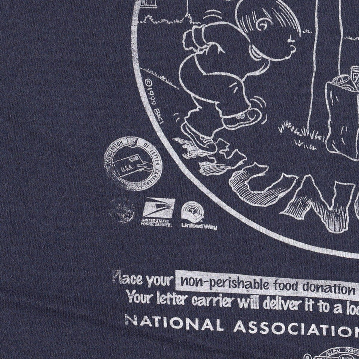 90'S Anvil Stamp Out Hunger National Food Drive Print T-Shirt, Made in USA, Men's XL equivalent, Vintage cotton navy blue type Vintage Second Hand