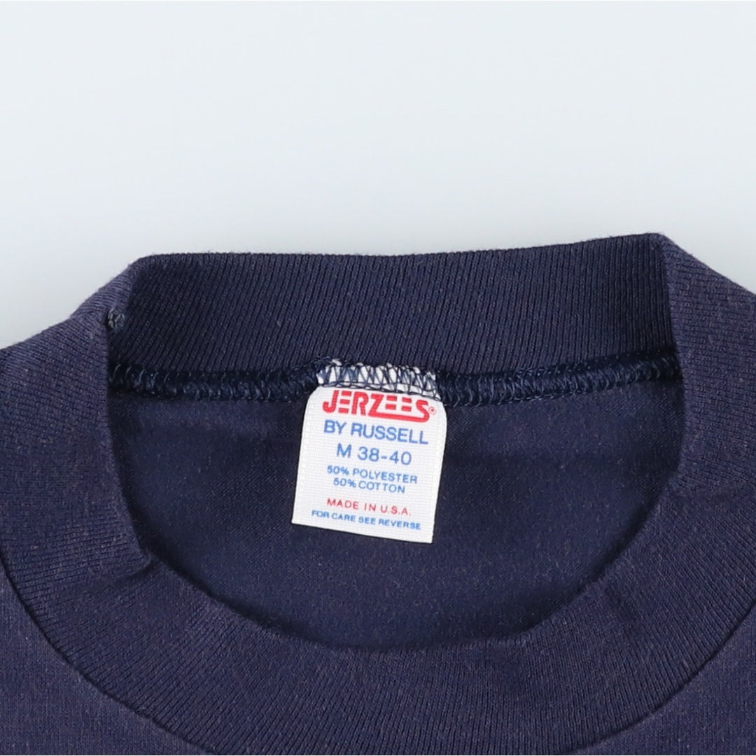 70s-80'S Jerzees by Russell Print T-Shirt, Made in USA, Men's Size M (approx.), Vintage polyester navy blue type Vintage Second Hand