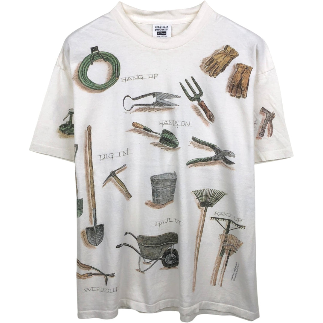 90'S Rel.e.vant Products all-over print T-shirt, Made in USA, Men's XL equivalent, Vintage cotton pale white type Vintage Second Hand