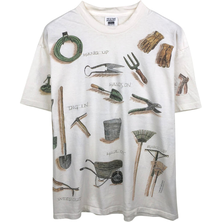 90'S Rel.e.vant Products all-over print T-shirt, Made in USA, Men's XL equivalent, Vintage cotton pale white type Vintage Second Hand
