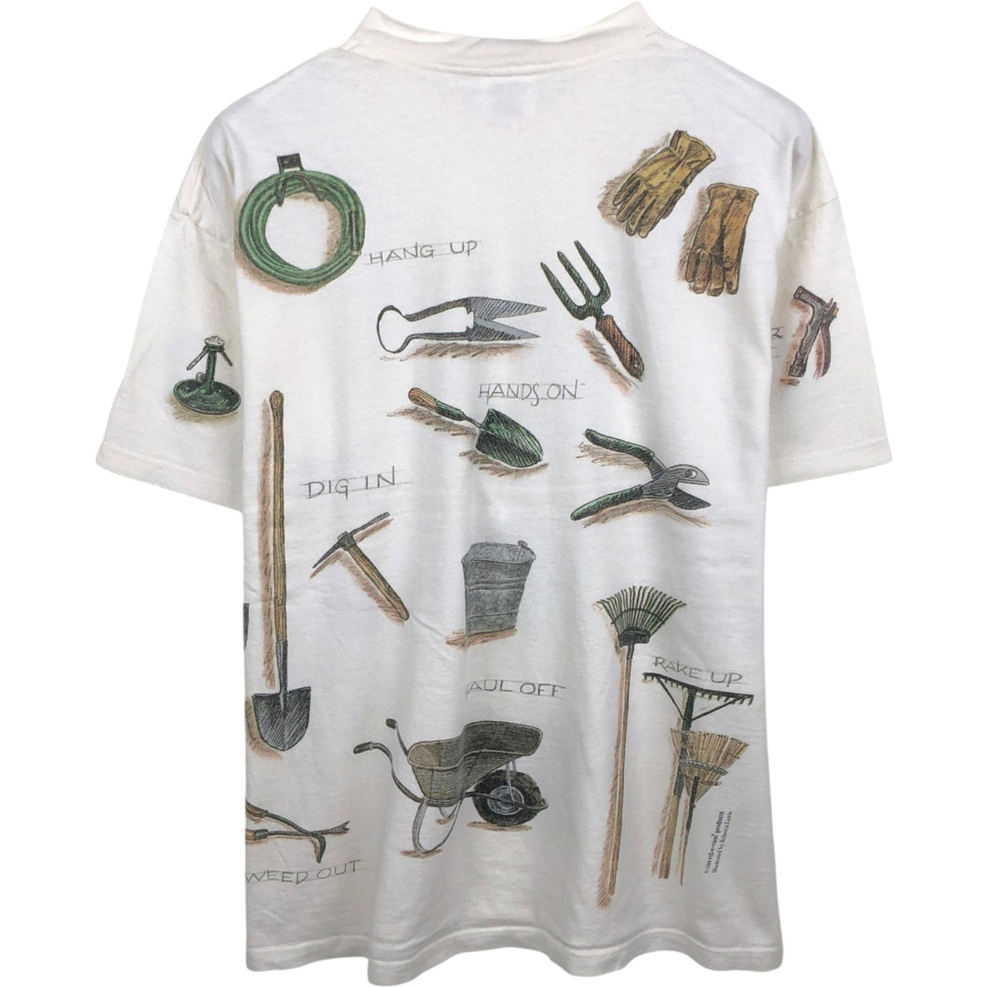 90'S Rel.e.vant Products all-over print T-shirt, Made in USA, Men's XL equivalent, Vintage cotton pale white type Vintage Second Hand