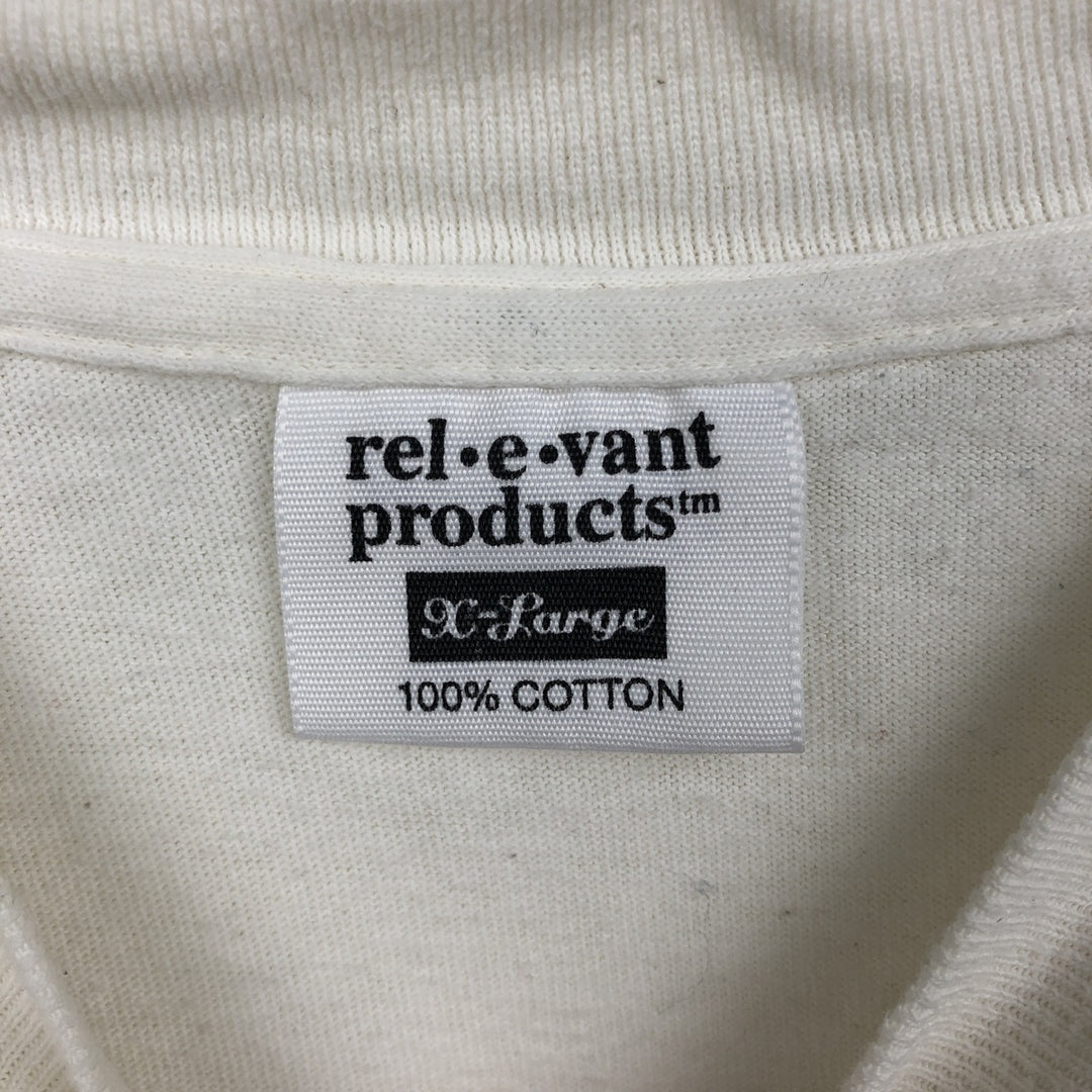 90'S Rel.e.vant Products all-over print T-shirt, Made in USA, Men's XL equivalent, Vintage cotton pale white type Vintage Second Hand
