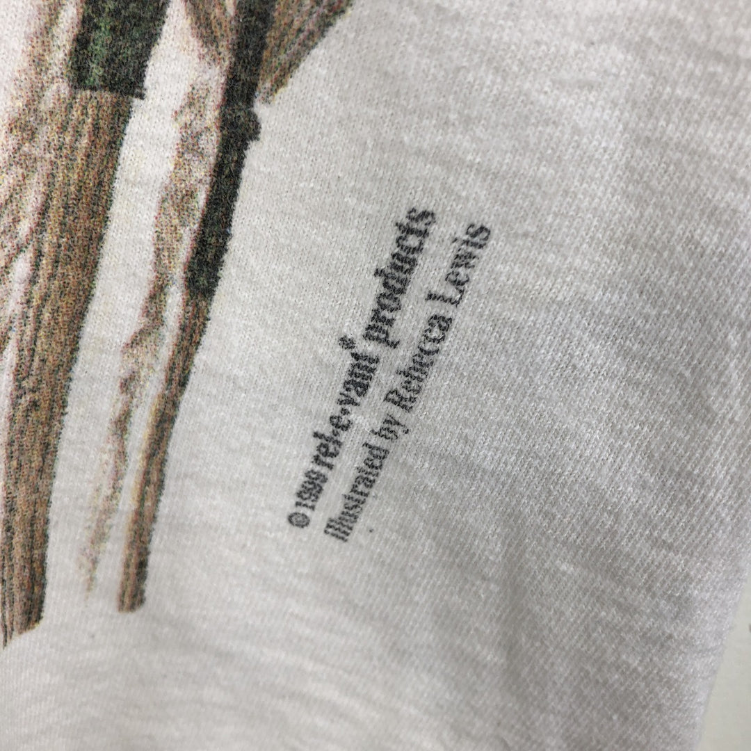 90'S Rel.e.vant Products all-over print T-shirt, Made in USA, Men's XL equivalent, Vintage cotton pale white type Vintage Second Hand