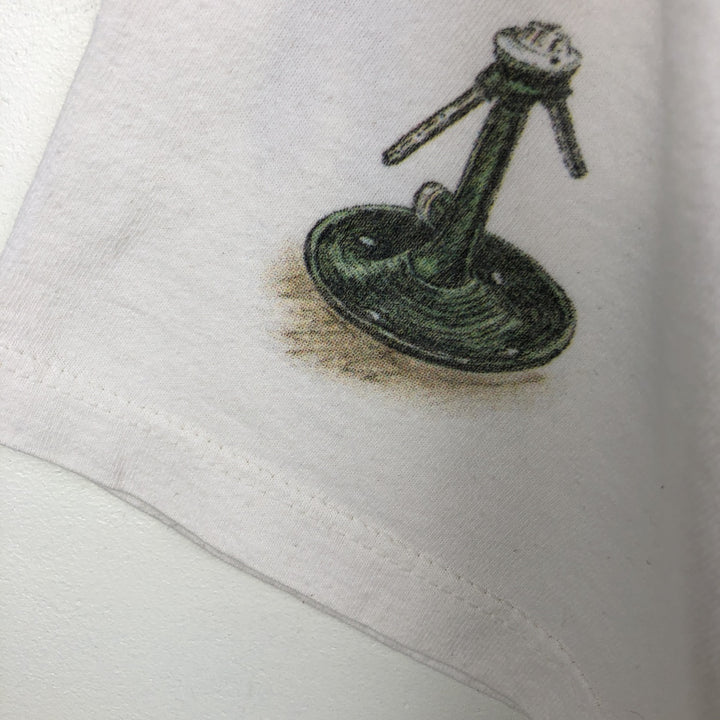90'S Rel.e.vant Products all-over print T-shirt, Made in USA, Men's XL equivalent, Vintage cotton pale white type Vintage Second Hand