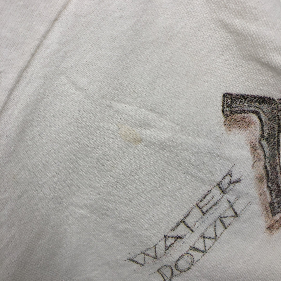 90'S Rel.e.vant Products all-over print T-shirt, Made in USA, Men's XL equivalent, Vintage cotton pale white type Vintage Second Hand