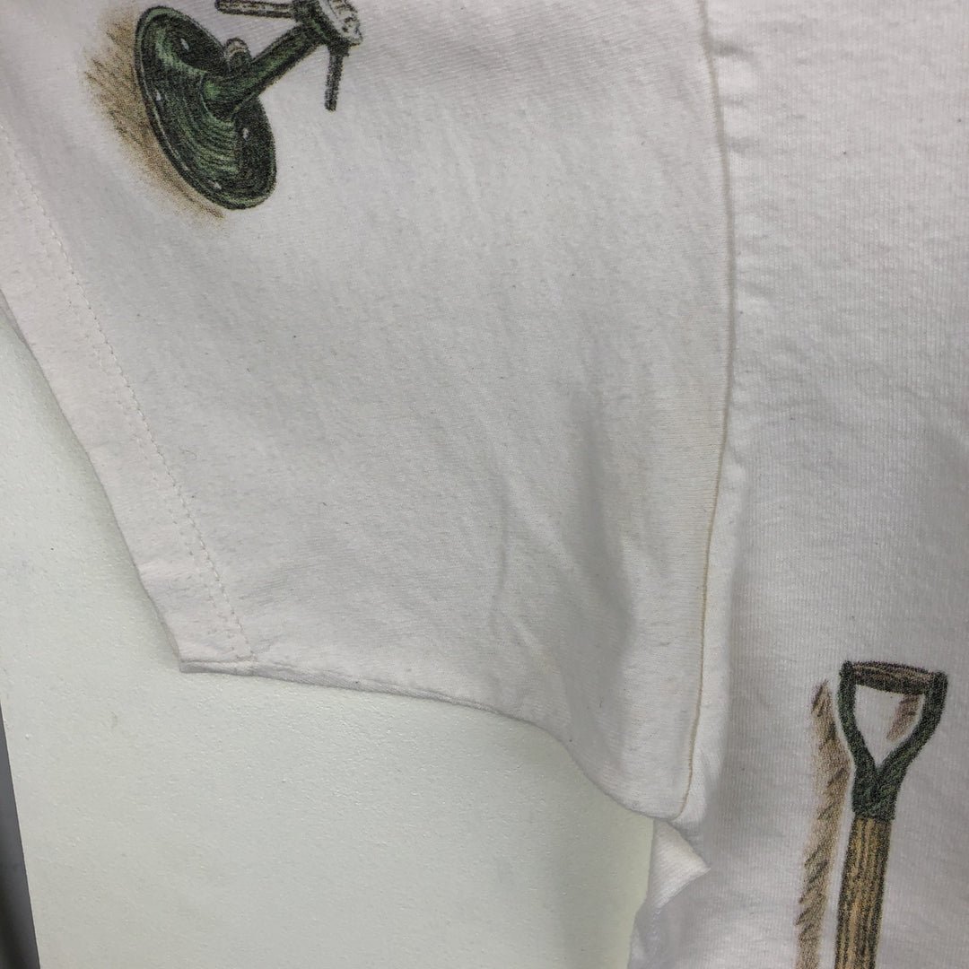 90'S Rel.e.vant Products all-over print T-shirt, Made in USA, Men's XL equivalent, Vintage cotton pale white type Vintage Second Hand