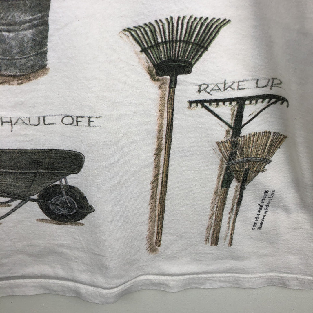 90'S Rel.e.vant Products all-over print T-shirt, Made in USA, Men's XL equivalent, Vintage cotton pale white type Vintage Second Hand