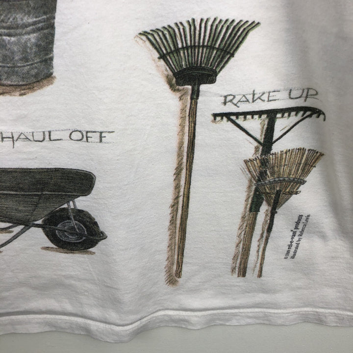 90'S Rel.e.vant Products all-over print T-shirt, Made in USA, Men's XL equivalent, Vintage cotton pale white type Vintage Second Hand