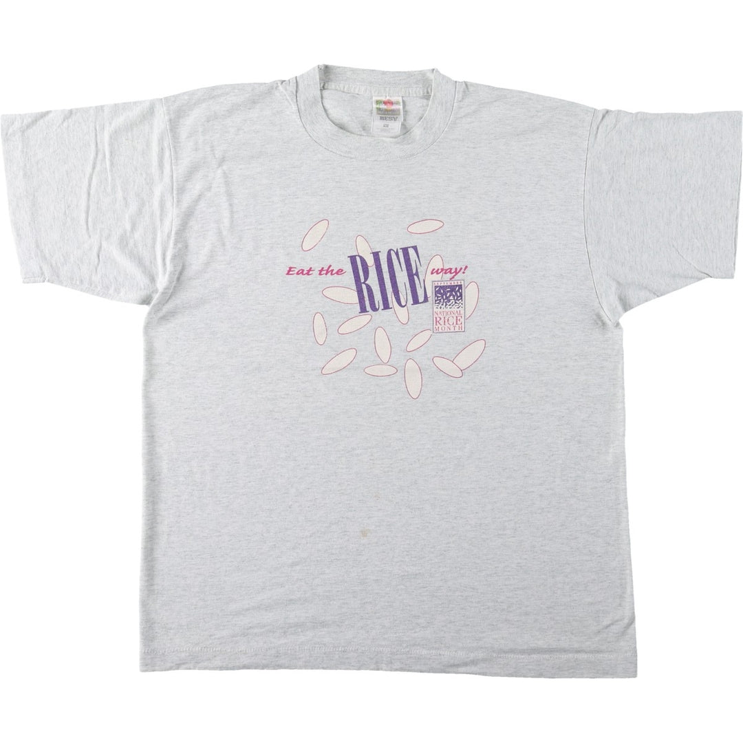 90'S Fruit of the Loom National Rice Month Print T-Shirt, Made in USA, Men's Size L (approx.), Vintage cotton gray type Vintage Second Hand