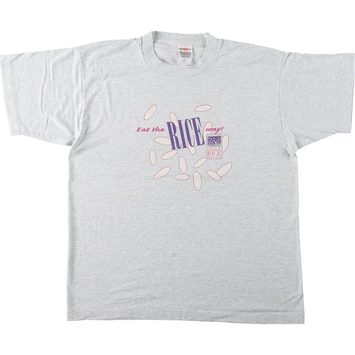 90'S Fruit of the Loom National Rice Month Print T-Shirt, Made in USA, Men's Size L (approx.), Vintage cotton gray type Vintage Second Hand