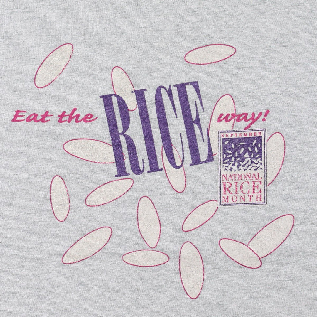 90'S Fruit of the Loom National Rice Month Print T-Shirt, Made in USA, Men's Size L (approx.), Vintage cotton gray type Vintage Second Hand