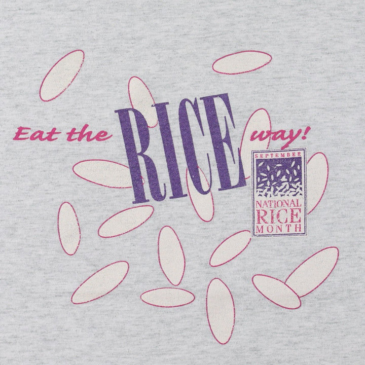 90'S Fruit of the Loom National Rice Month Print T-Shirt, Made in USA, Men's Size L (approx.), Vintage cotton gray type Vintage Second Hand