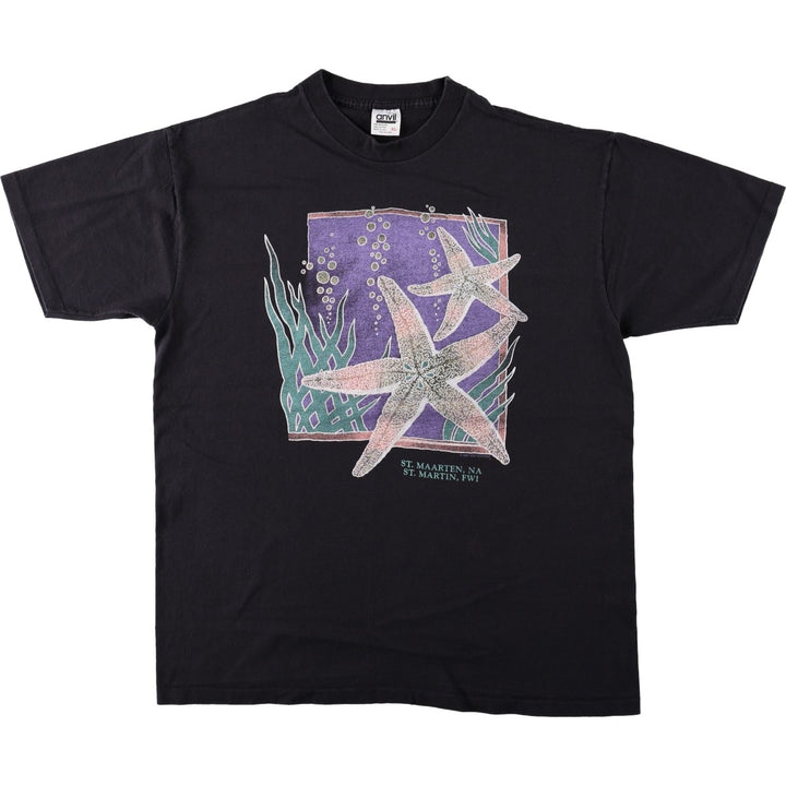 90'S Anvil Glitter Print Starfish Pattern Animal T-Shirt, Made in USA, Men's XL (approx.) Vintage cotton black type Vintage Second Hand