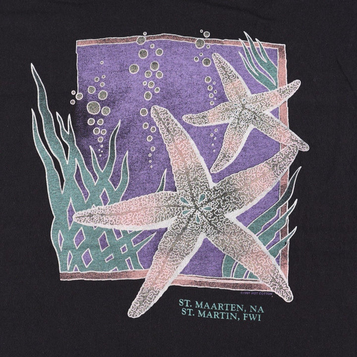 90'S Anvil Glitter Print Starfish Pattern Animal T-Shirt, Made in USA, Men's XL (approx.) Vintage cotton black type Vintage Second Hand