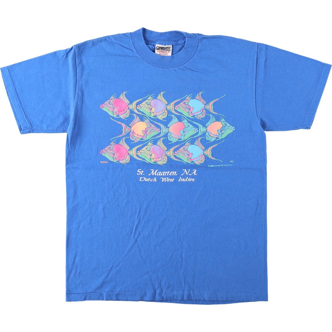 90'S ONEITA Fish Print Animal T-Shirt, Made in USA, Men's Size M (Equivalent), Vintage cotton blue type Vintage Second Hand