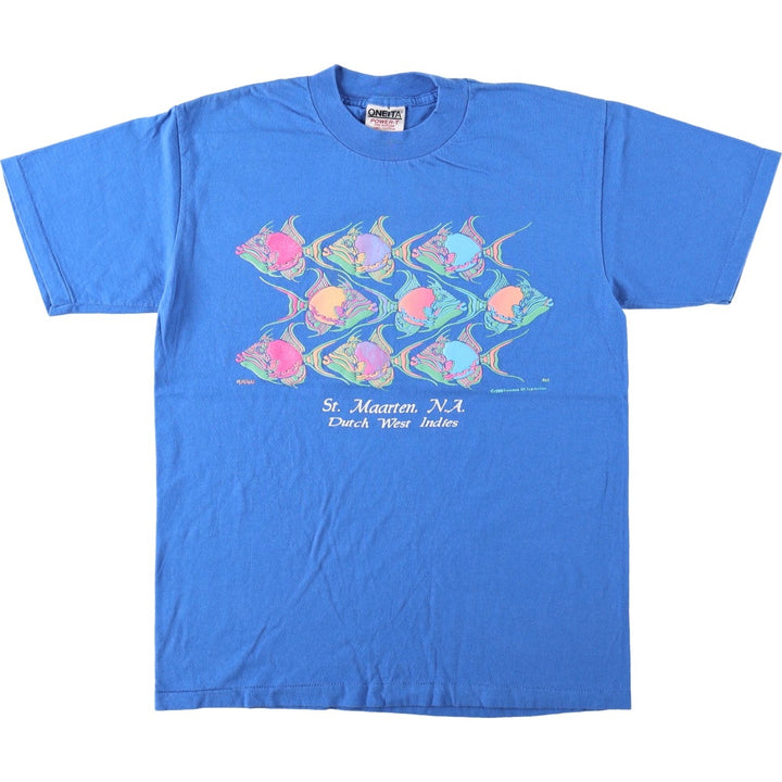 90'S ONEITA Fish Print Animal T-Shirt, Made in USA, Men's Size M (Equivalent), Vintage cotton blue type Vintage Second Hand