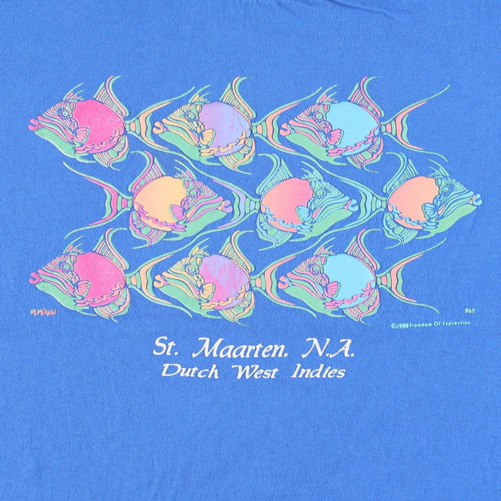 90'S ONEITA Fish Print Animal T-Shirt, Made in USA, Men's Size M (Equivalent), Vintage cotton blue type Vintage Second Hand