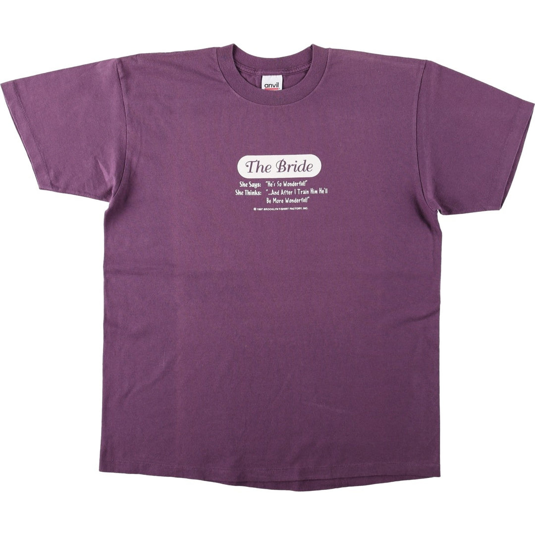 90'S Anvil Message Print T-Shirt Made in USA Men's L Size Vintage cotton purple type Vintage Second Hand