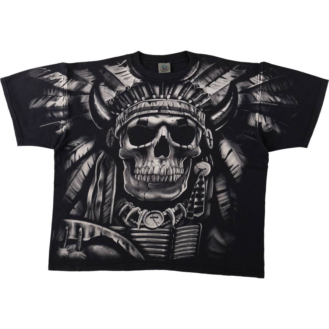 90'S Liquid Blue Skull Pattern Large Print T-Shirt, Men's XXL Equivalent, Vintage cotton black type Vintage Second Hand