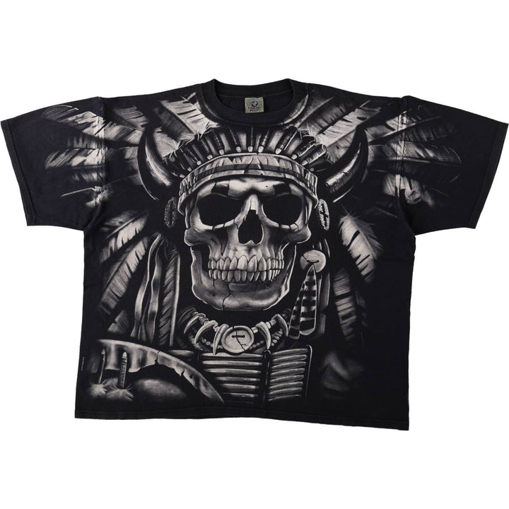 90'S Liquid Blue Skull Pattern Large Print T-Shirt, Men's XXL Equivalent, Vintage cotton black type Vintage Second Hand