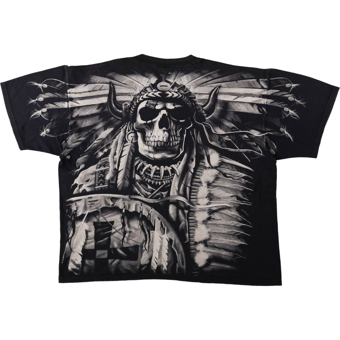 90'S Liquid Blue Skull Pattern Large Print T-Shirt, Men's XXL Equivalent, Vintage cotton black type Vintage Second Hand