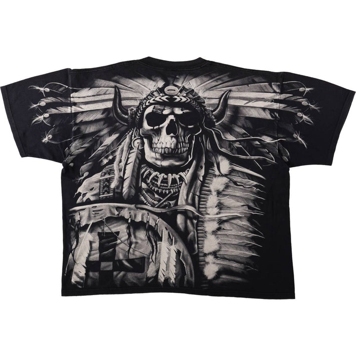 90'S Liquid Blue Skull Pattern Large Print T-Shirt, Men's XXL Equivalent, Vintage cotton black type Vintage Second Hand