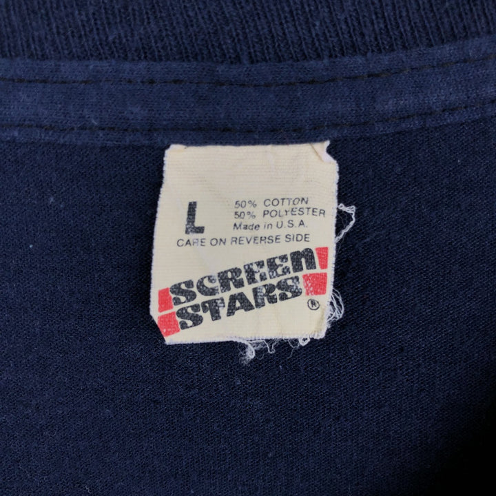 90'S SCREEN STARS Printed T-shirt Made in USA Men's L Vintage cotton navy blue type Vintage Second Hand