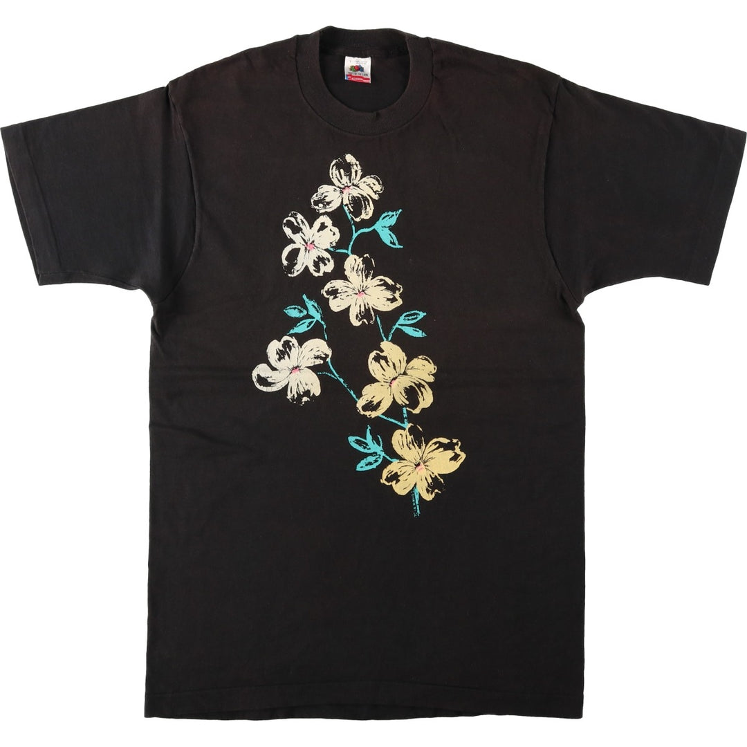 90'S Fruit of the Loom floral print t-shirt, made in USA, men's size L equivalent, vintage. cotton black type Vintage Second Hand