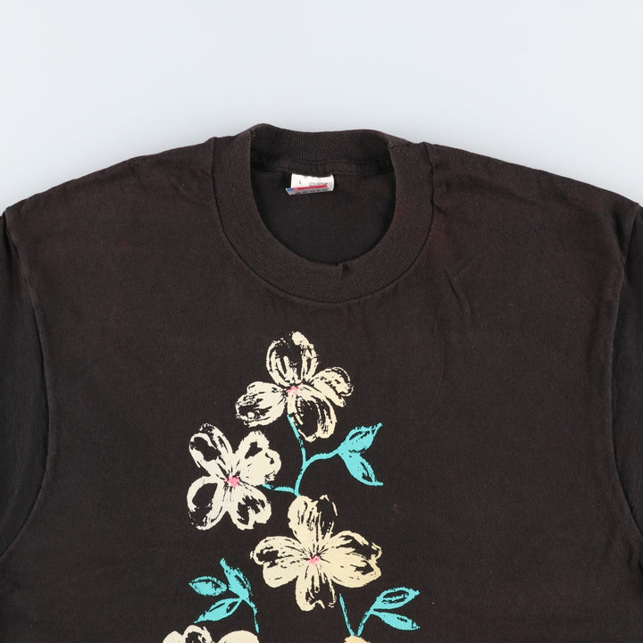 90'S Fruit of the Loom floral print t-shirt, made in USA, men's size L equivalent, vintage. cotton black type Vintage Second Hand