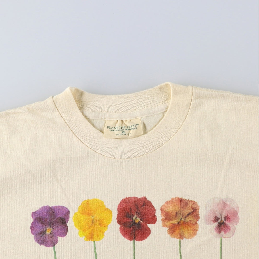 90'S PLANT THE EARTH Floral Print T-Shirt, Made in USA, Men's XL (approx.), Vintage cotton unbleached Vintage Second Hand