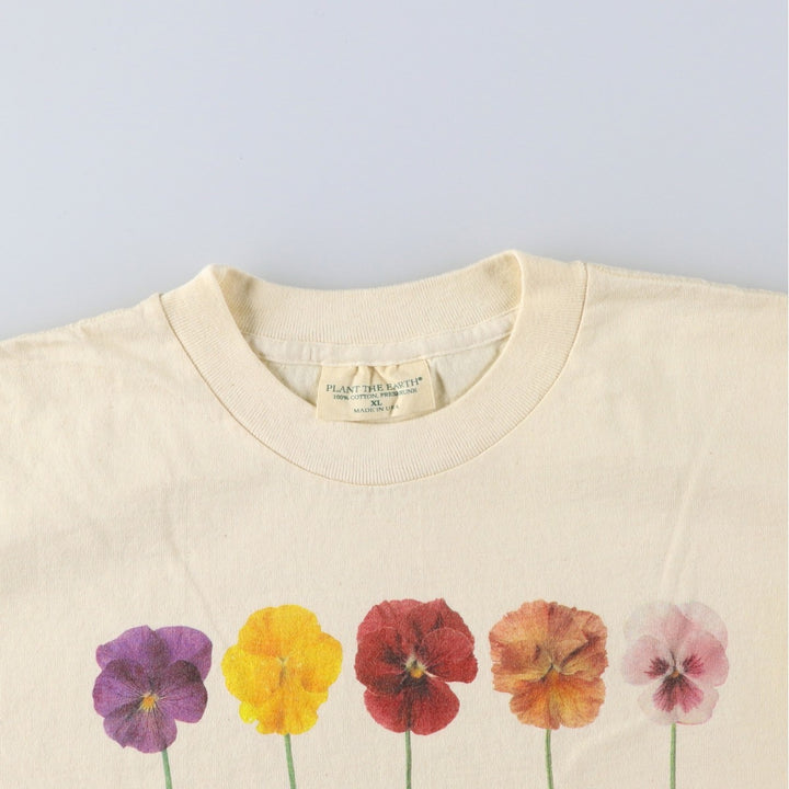 90'S PLANT THE EARTH Floral Print T-Shirt, Made in USA, Men's XL (approx.), Vintage cotton unbleached Vintage Second Hand