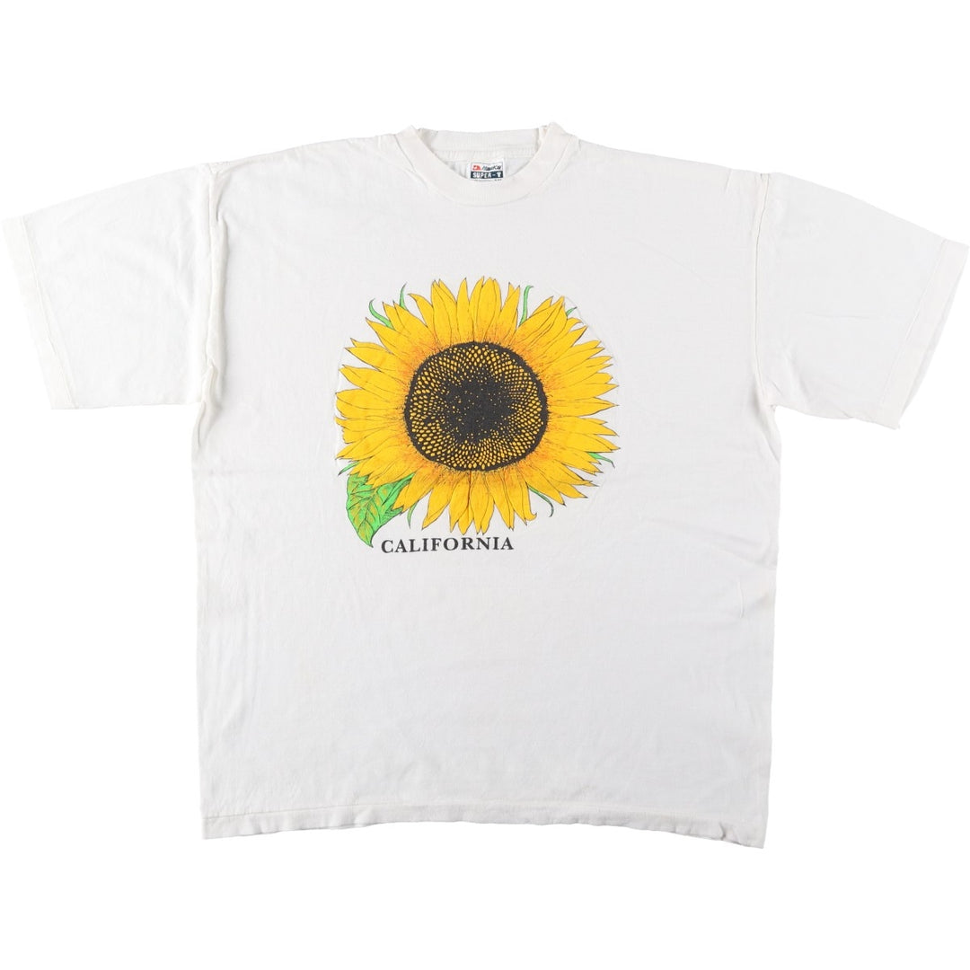 90'S Hawks floral sunflower pattern printed T-shirt, men's size XL equivalent, vintage. cotton white type Vintage Second Hand